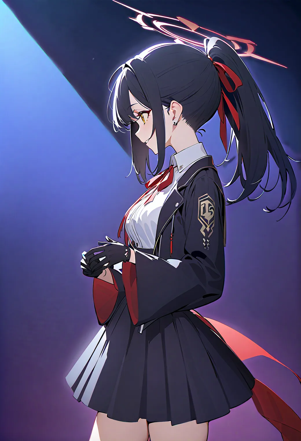 (  score_9,  score_8_ up the side ,  score_7_ up the side , )，Alone,1 girl，  masterpiece,   Laugh , Sword Halo  , Hka_three,ponytail,yellow eyes all the way to the tip,  black hair, Black Glove,earrings，black  jacket, black  skirt, collared  shirt, hair ri...