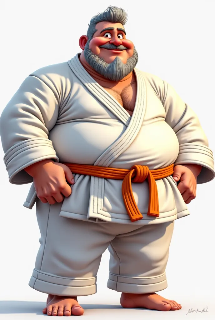 Create cute Cartoon-style cartoon of a 39 year old man, slightly fat, short hair with baldness entries, gray hair and beard, wearing white karate kimono with orange belt.