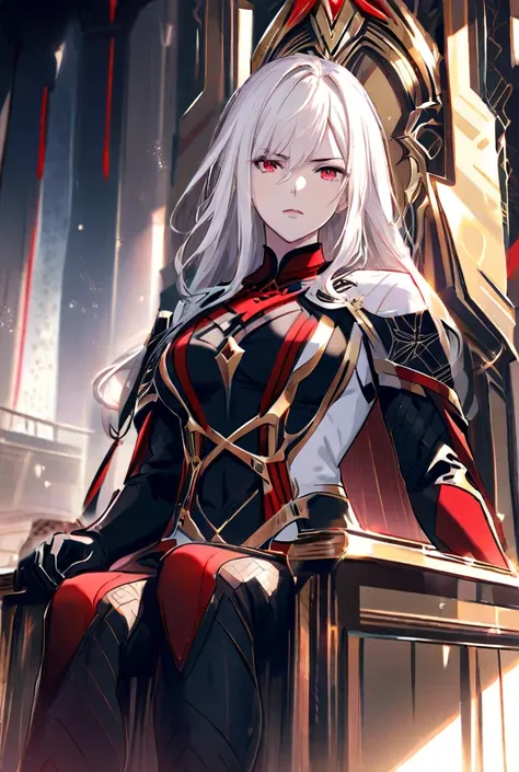 Create a demon queen sitting on the throne, white hair patterns,  pale skin, bright red eyes, athletic body design, tight clothes, hand on the face,  in a serious face. 