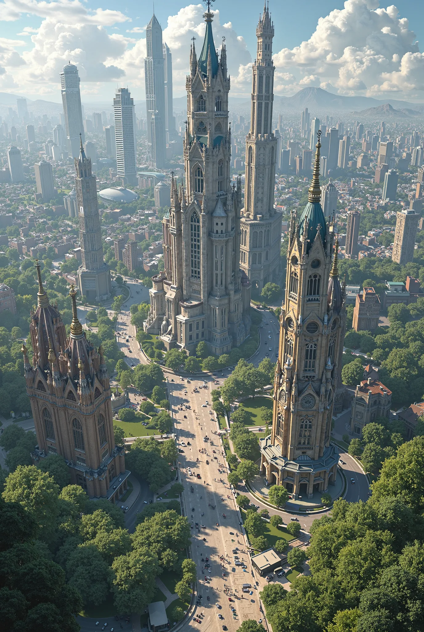 Create a sprawling city with landscapes and architecture 