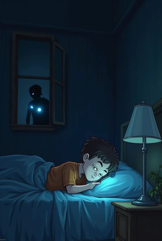 🔴  Scene 2: Inicio de la historia - Habitación de  Santiago 
📍 Ubicación: A dark bedroom, iluminado solo por la pantalla del celular de  Santiago .

🎭 action:

 Santiago , a boy of about ,  is lying on the bed , with the cell phone on his face, without wor...