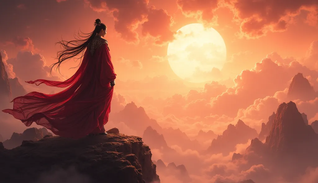 screen：On the Yangsha battlefield under the setting sun，Song You, a female general in a red robe, is isolated on a cliff，, enemy forces are approaching like a black tide