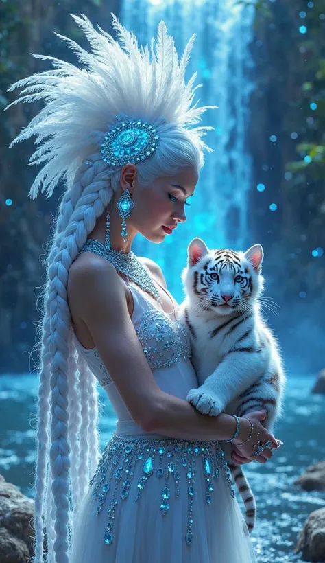 "Create a stunning fantasy art scene of a woman in an elaborate feathered headdress holding a majestic white tiger cub. The woman stands gracefully in front of a cascading waterfall, surrounded by glowing, sparkling blue crystals. Her long, intricate white...