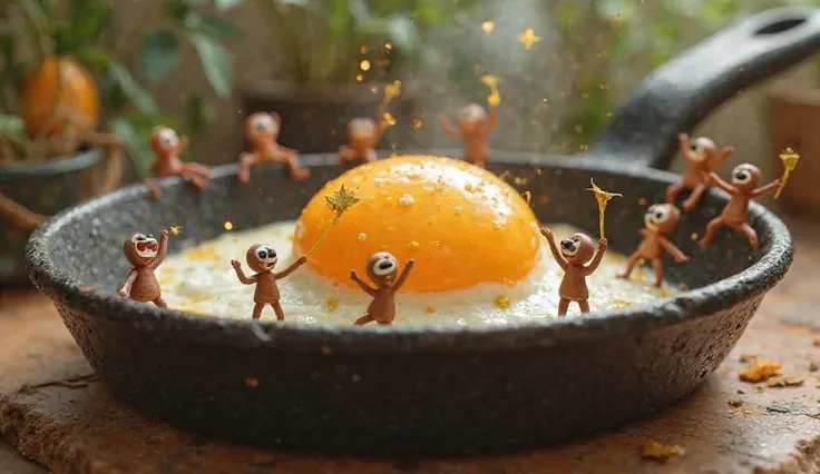 A fried egg is being baked in a frying pan。the little people are trying to turn the fried egg upside down。