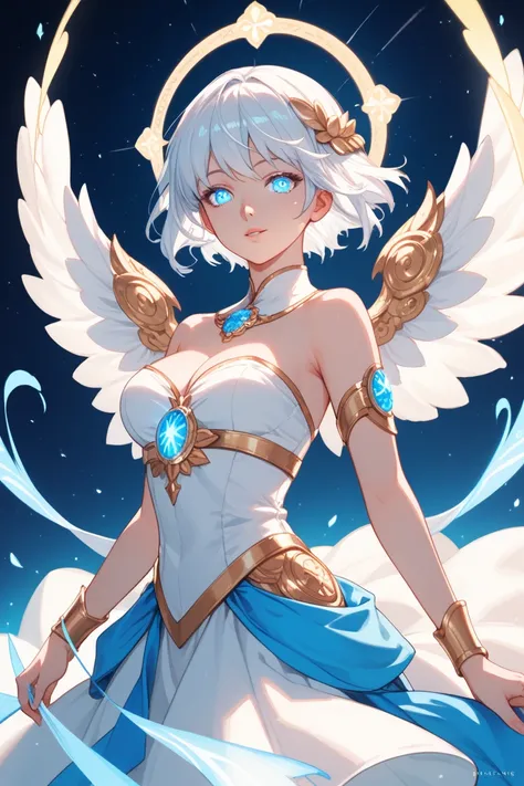 female character, anime,  SHORT HAIR, White with blue tips, Eyes glowing neon blue color, wearing a divine white dress with blue details.
