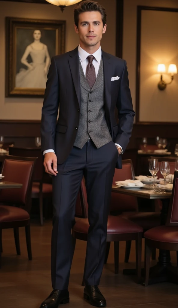 a young, handsome man, about 30 years old, brown hair, brown eyes, masculine, Wear a luxury suit, smiling, standing in a restaurant