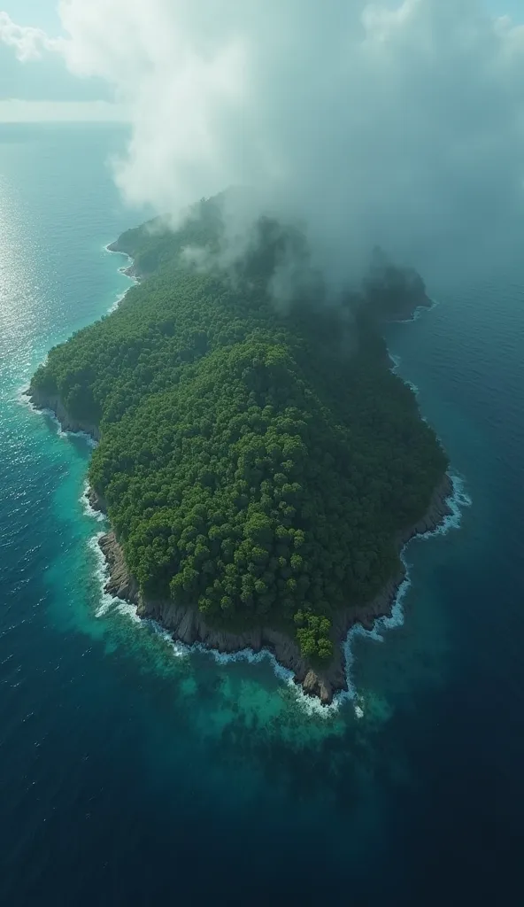 Aerial cinematic view of a mysterious, untouched island surrounded by deep blue waters. The dense jungle looks impenetrable, and there is an ominous fog covering parts of the land.