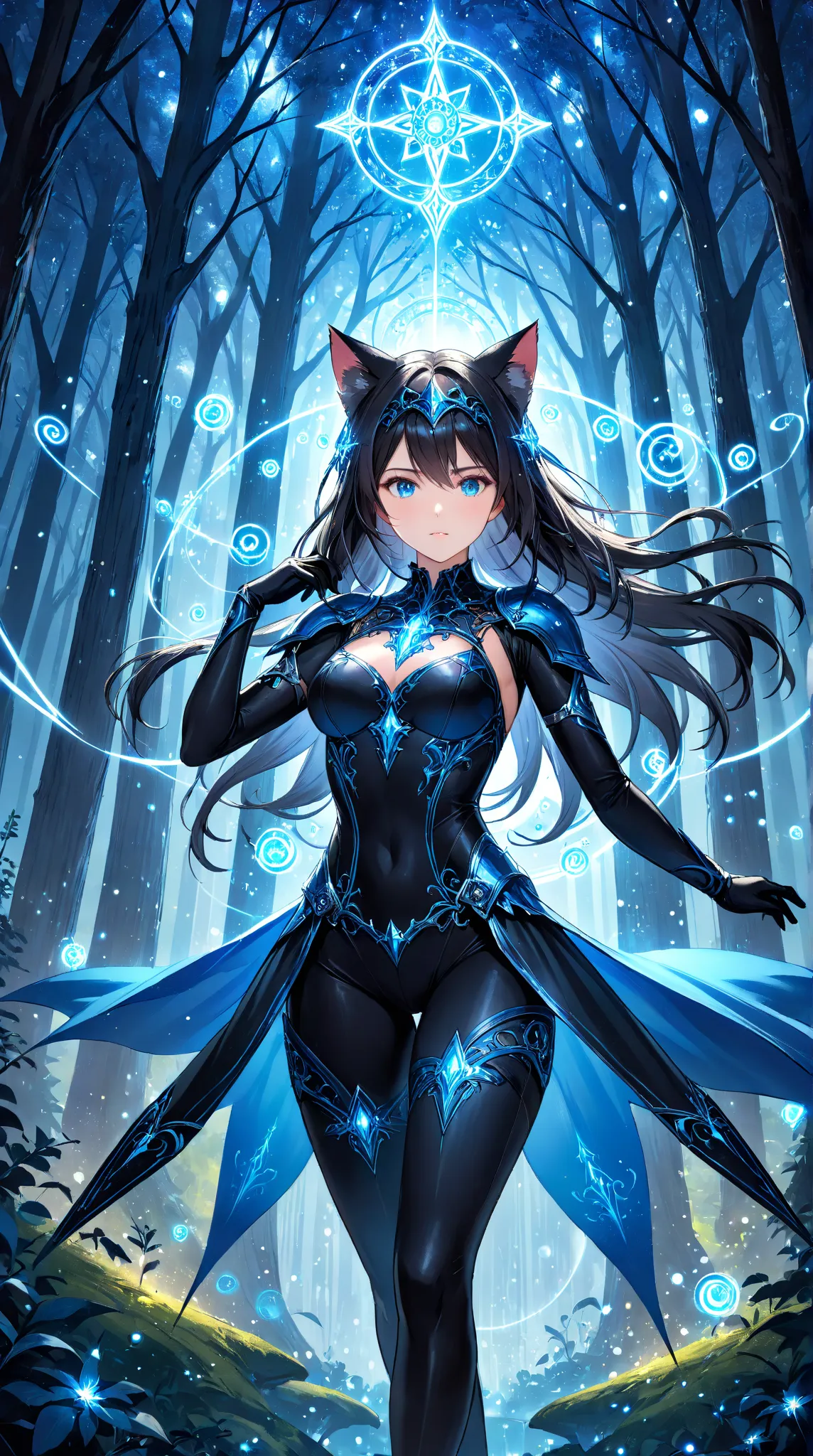 A mysterious cat-eared sniper girl, standing in a dark enchanted forest, glowing blue eyes filled with unwavering focus, wearing an elegant black and blue bodysuit adorned with intricate filigree and glowing magical circuits, ethereal blue luminescent ener...