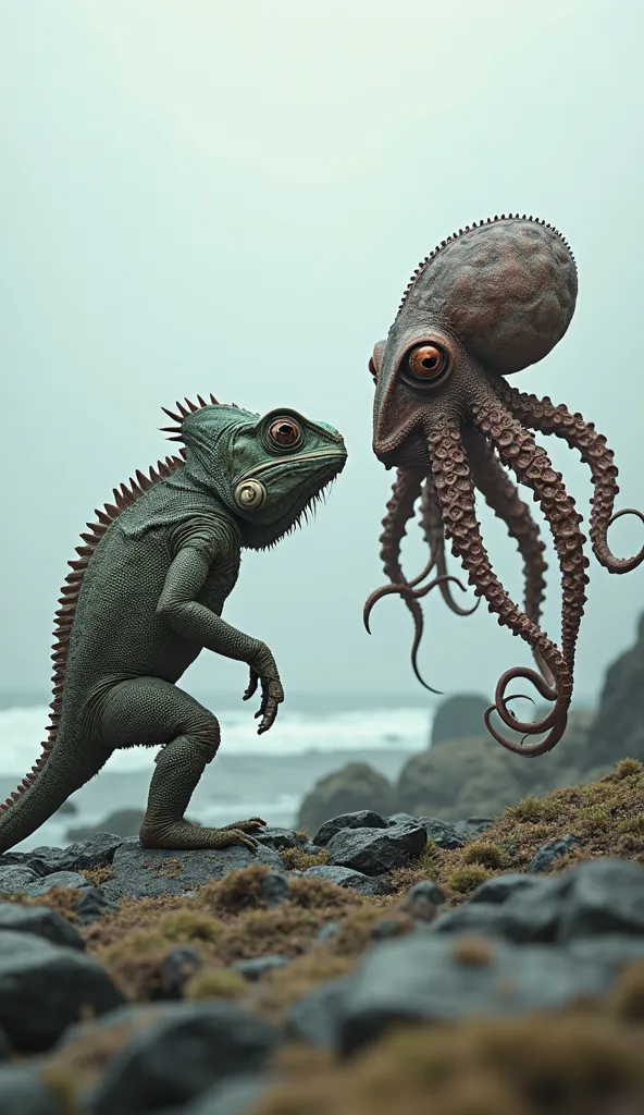 "A highly realistic image of a chameleon and an octopus facing each other in a dramatic face-off. The chameleon, with its scaly, textured skin and curled tail, stands on a rocky surface, its eyes locked onto the octopus. The octopus, with its fluid, flexib...