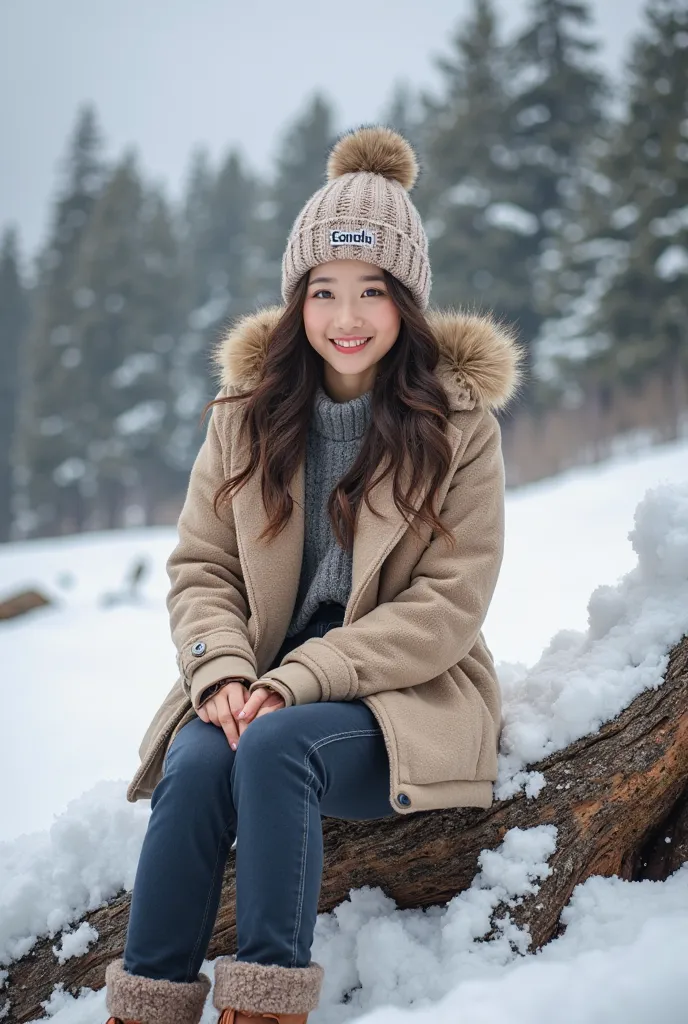 Professional high-quality photo of a beautiful Korean girl smiling wearing typical winter clothes wearing a knitted hat with the words"sandrina"wearing boots sitting on a tree trunk that has been cut down, around it there is snow piled up on a mountain of ...