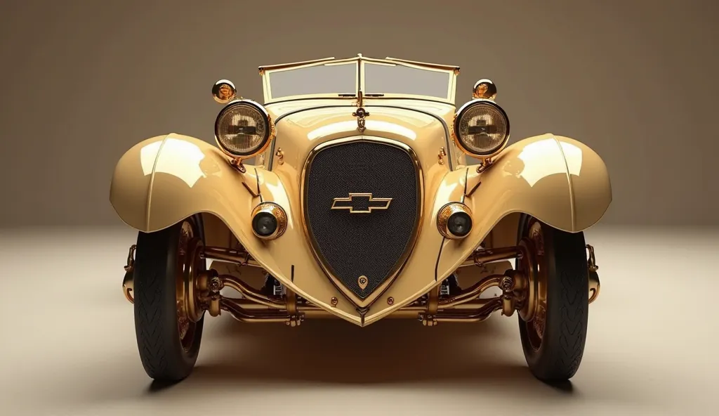 Creat a 3d rander (front view) review car desig( 1917 Roadster) (golden colour) colour with a (chevrolet) logo on back cmarao Rs  on its back end look. 
and headlights " in pure beige   with ultra detailed glossy shining image captured feom (front view) re...