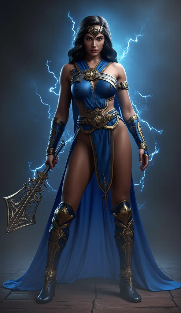 (((Kitana from Mortal Kombat,  ultra realistic))), (((full body))), (((perfect hands))), old background, (((Perfect Weapons))),  She must be dressed in a tight blue bodysuit ,  adorned with gold details that refer to her real origin. Complete o visual com ...