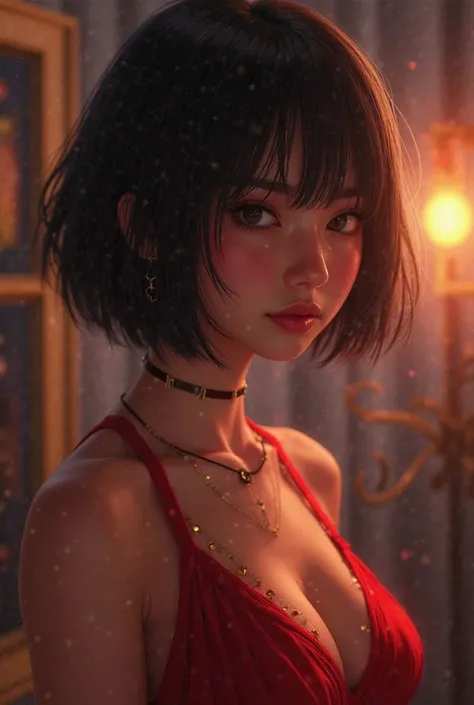 1 girl, cowboy shot of beautiful good, looking at the spectator,  red dress, black hair, blush, Short Hair, Athletic Night, volumetric lighting,  best quality, masterpiece, intricate details,  tone mapping , sharp focus,  hyper detailed , trend in artstati...