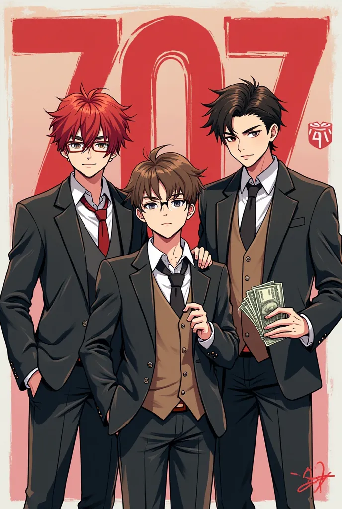 Create a cover with three boys, one white with red hair in a suit and the other white with glasses and a bagabundo and another brown with money that say 707 and in the background that says Adrian is gay