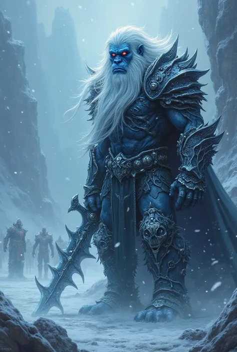 A highly detailed and cinematic portrait of Monkey gorillas from World of Warcraft, showcasing his transformation into the Lich King. He has pale, icy skin, glowing blue eyes filled with sorrow and malice, and long white hair flowing in the wind. He is wea...