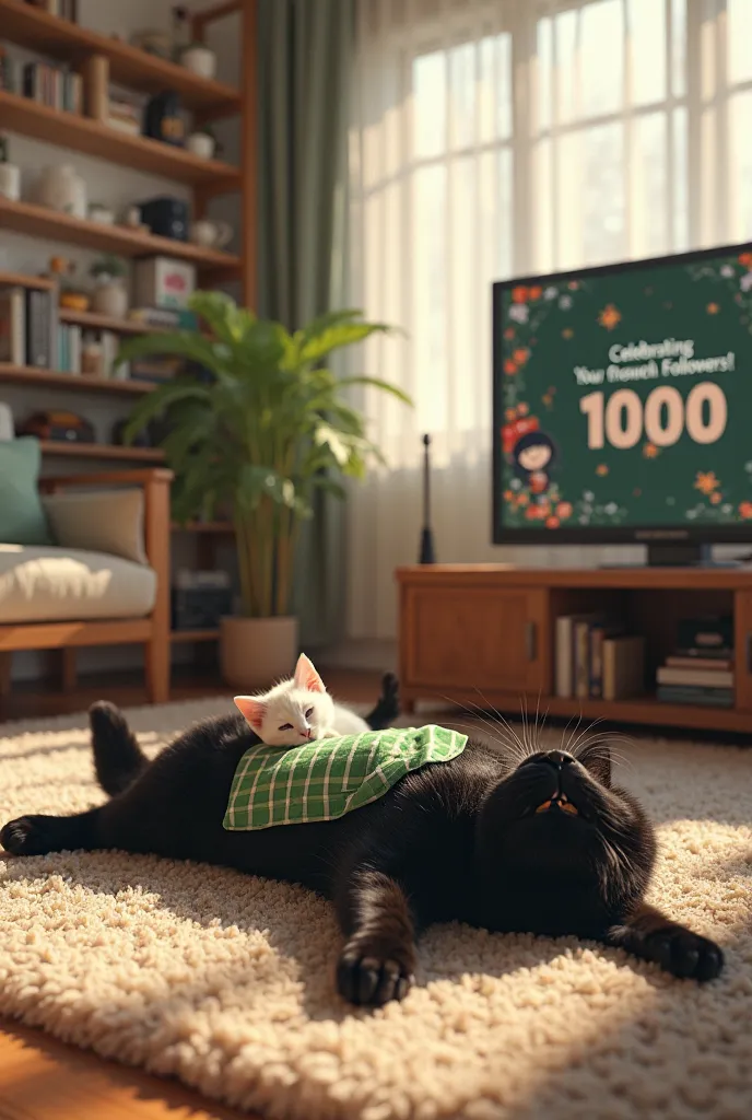 
ultra-realistic, photorealistic, dramatic scene, shadow, global-illumination, the human-like giant black cat\(wearing a vertical striped green apron, black cat\), the human-like black cat is lying on its back on the carpet in the room, a cute white kitten...