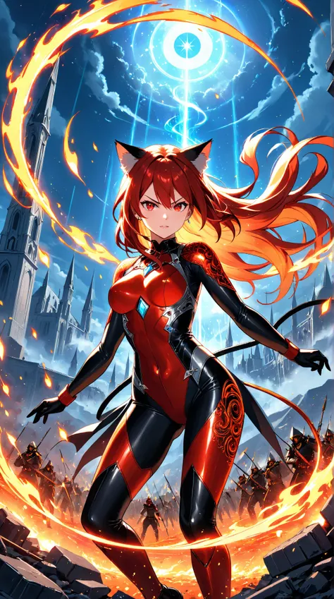 A fierce cat-eared sniper girl, standing amidst a burning battlefield, her piercing crimson red eyes glowing with fiery determination, wearing an elegant black and red bodysuit adorned with intricate flame-like filigree and glowing molten energy circuits, ...