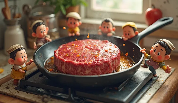 A hamburger steak is being cooked in a frying pan。The little people are trying to turn the hamburger steak upside down。