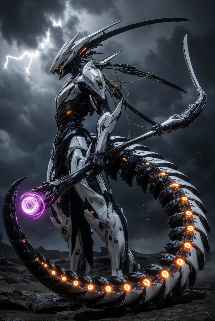 "A futuristic cybernetic warrior with sleek white and black armor, featuring intricate mechanical details and glowing orange accents. The warrior has a sharp, angular helmet with glowing orange eyes and two pointed extensions resembling horns. Attached to ...