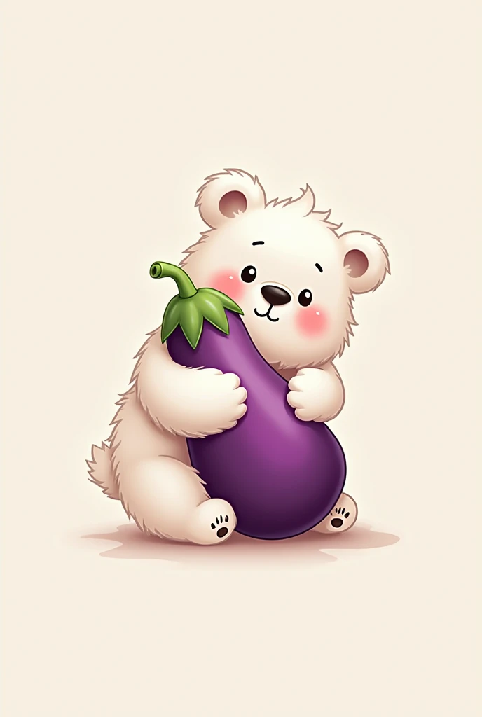 Create a logo of a little white bear hugging a purple eggplant 
