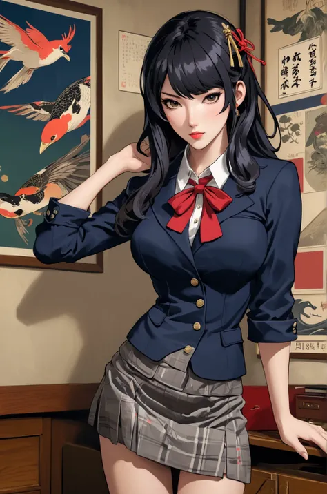 ((anime style, 2D,  well-defined traits ,  great quality, color element, surRealistic, japanese pop, traces of painting Ukiyo-e,  well-defined traits , Realistic, inspired by Toshio Saeki, Persona 5 Style)), a beautiful young Japanese schoolgirl with a goo...