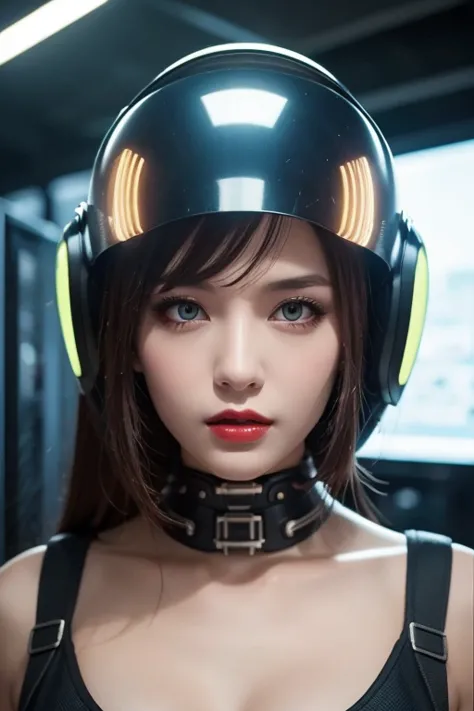  close-up of a woman wearing a futuristic helmet and red lipstick, Cyberpunk Jackie Wells, cgsociety 9,  style for stilets = Retro futuristic ,  beautiful android woman ,   female android ,  retro futuristic fashion , movie「 Blade Runner 」Still image of, F...