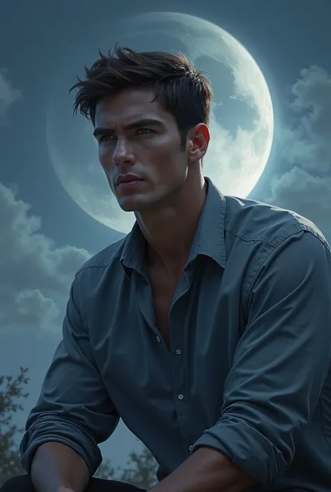 Realistic handsome young man wearing long sleeve with the moon