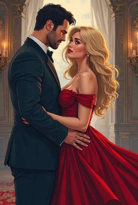  Create a beautiful romance book cover , High quality lines,  cartoon.  A handsome man , Tall and strong,  wearing a dark suit , short black hair, short beard, olhos blues, blues, Henry Cavill,  is ahead , Lens In the foreground, looking forward. right beh...