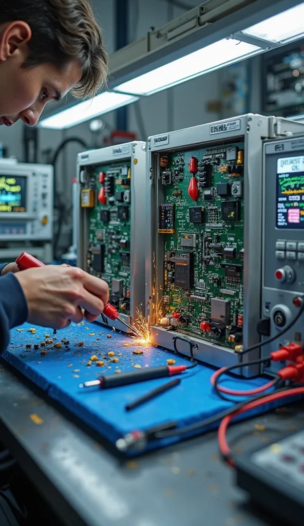 "Hyper-realistic image of an extremely detailed electronics laboratory, with bright white lighting. The scene focuses on a Yaskawa Servo Drive 1.8KW SGD7S-180A00A under maintenance, with a closed zoom in on their internal circuits. The equipment is open, r...