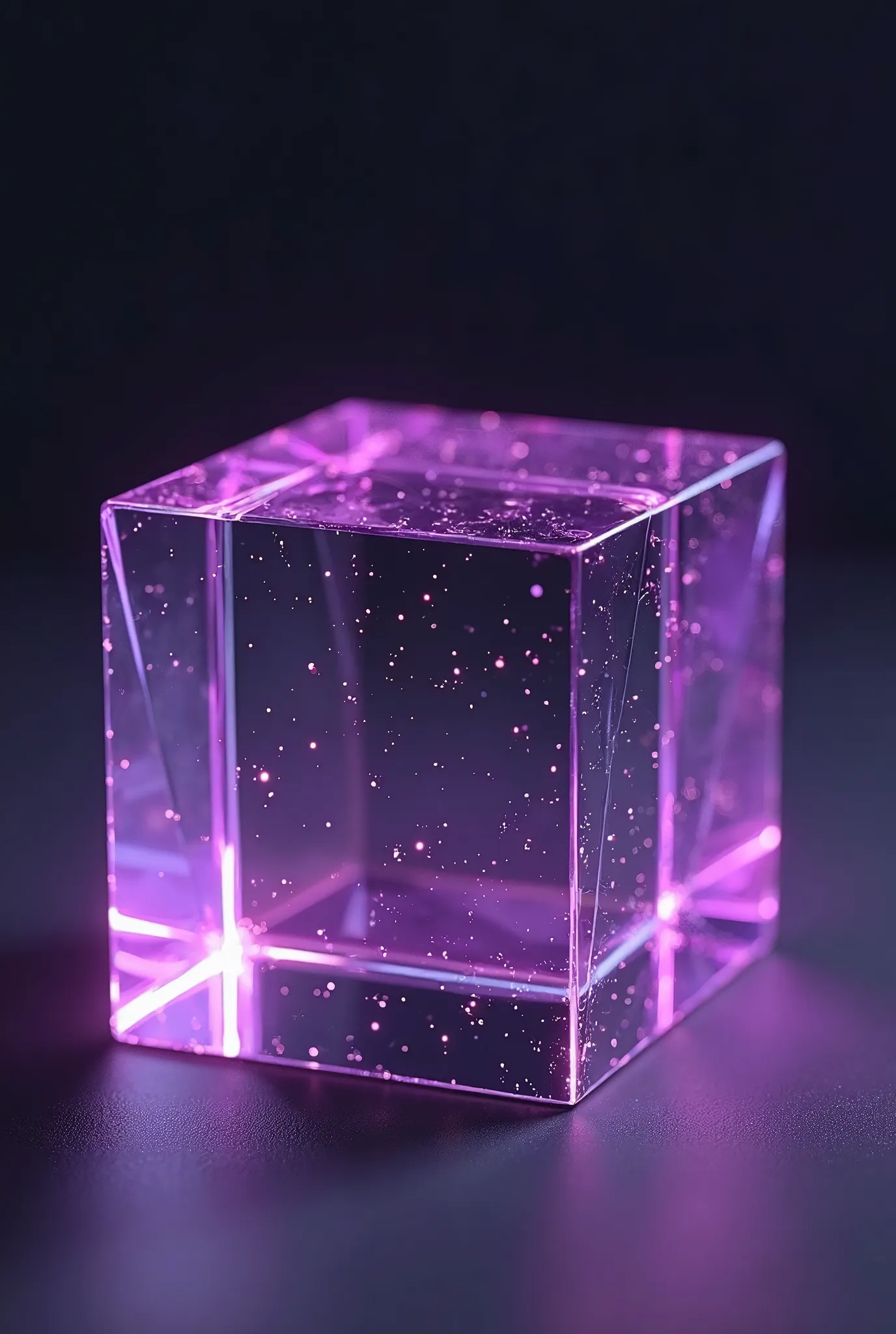 glazed 3d cube 4k with violet reflections, realistic three-dimensional cube, glass effects, violet light reflections, dramatic lighting, dark environment, Photorealistic render,  Detailed representation ,  minimalist composition ,  blurred background, luxu...