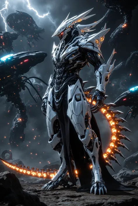 "A towering cybernetic warlord clad in futuristic white and black armor with glowing orange highlights. Sharp, angular features define its helmet, and its segmented biomechanical tail glows with pulsating energy. The warrior stands on a war-torn alien batt...