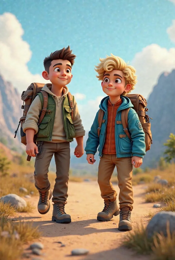 Yuki is a men, kind-hearted men with short brown hair, a green explorer's vest, and sturdy hiking boots. Hasan is a men, with curly blond hair, wearing a blue jacket and a leather backpack filled with adventure tools. 3D Pixar cartoon style, Ultra HDR, 3D ...