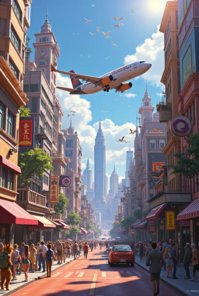 The landscape of Zootopia with a plane flying above the city of Zootopia