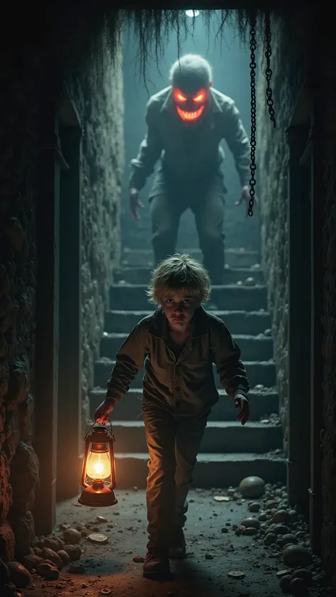 A chaotic and terrifying scene in the basement, where the boy (12, Caucasian, blonde hair, blue eyes) is running toward the staircase, his face filled with pure fear. Behind him, a shadowy figure with glowing red eyes and a wide, unnatural smile is emergin...