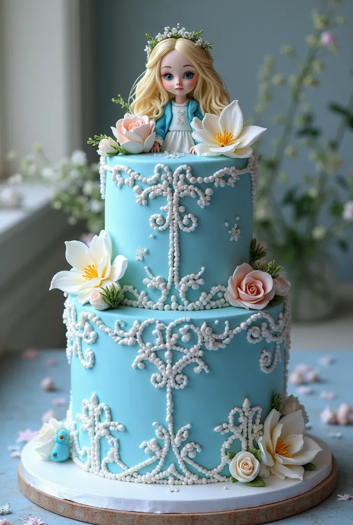 Create a simple blue coquette cake with two floors inspired by Alice from Wonderland with white and floral features 