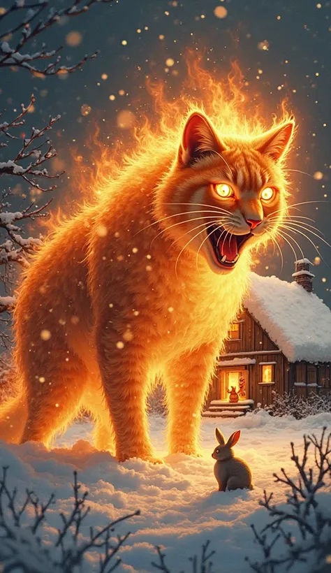 "A dramatic winter scene where a powerful Fire Cat stands outside a small wooden house, its body glowing with intense flames. The Fire Cat’s eyes burn like molten lava, and as it roars, a massive stream of fire erupts from its mouth, melting the heavy snow...