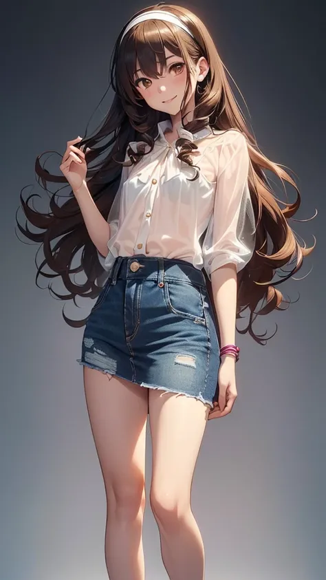 ((Masterpiece)), ((best quality,  flat anime)), (((1boy , male gender , young, solo, male body, very long hair, curly haiŕ,  brown eyes)), petit,  delicate,skinny , smile, glossy lips, (see-through blouse,  denim skirt,  hairband, ) 