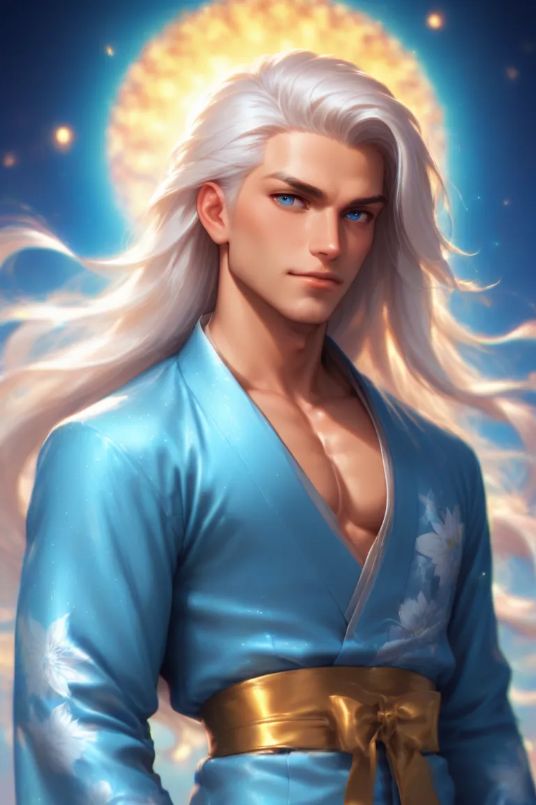 score_9, score_8_up, score_7_up, detailed. painterly digital art depicting a stunning, handsome man with chiseled features and piercing blue eyes and (((long white hair))). He is dressed in a blue yukata. The background is a soft, pastel color, with delica...