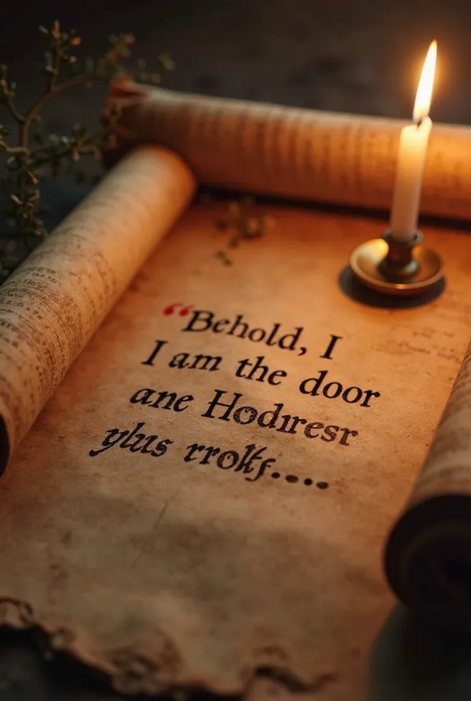 Scene with an ancient scroll being unrolled slowly, revealing the verse from Revelation 3:20: 'Behold, I am at the door and knock...'The light of a candle gently illuminates the text.  The camera zooms out , revealing a tranquil and spiritual environment.