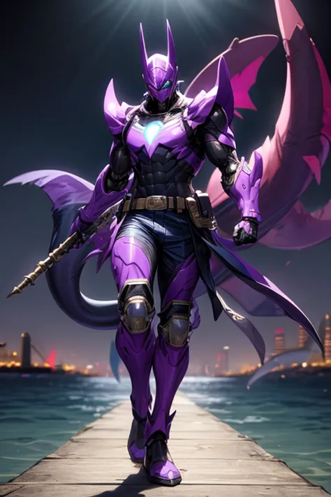 ((best quality)), ((masterpiece)), (detailed), 1 male, full body, 25 years old, masked, purple mask covering his entire head, mask covering his mouth, 1 small shark fin-shaped crest on his head, black collar, tall and strong, very athletic, shark fins, gra...