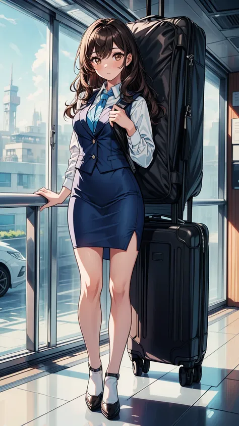 ((masterpiece, best quality:1.3, high detail)), ((1girl)), (((beautiful woman))), (flight attendant), bright brown eyes, (long wavy hair), (dark hair), hairpin, (white collar shirt vest, blue tie), blue pencil (skirt), medium skirt, slim body, (lower body)...