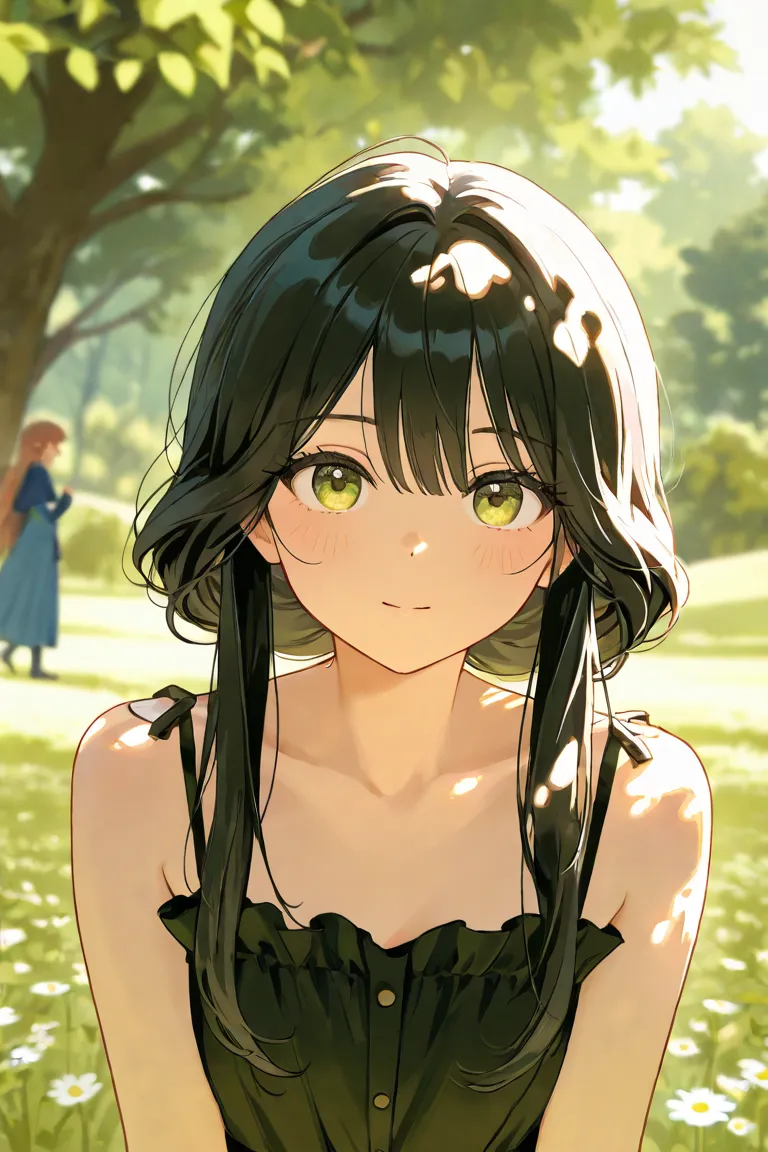 I want you to draw a girl with black hair on a green background。