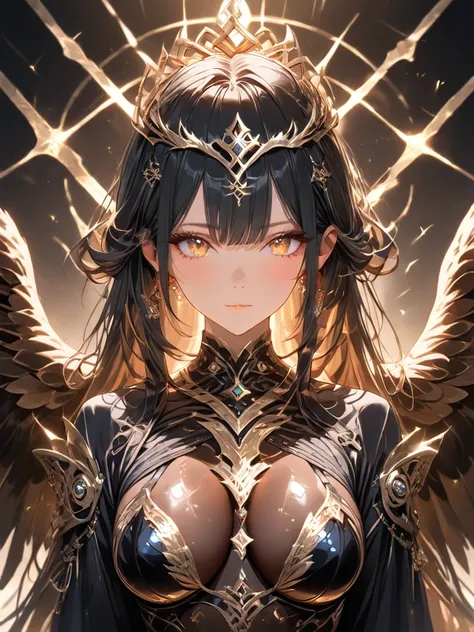 Girl with breasts/exposed boobs and , female, Golden eagle-shaped sword sheath with open wings, masterpiece, black hair and spiked .. similar to the reference photo in the shape of a tiara closed at different points of the hair, High resolution,  Ultra HD,...