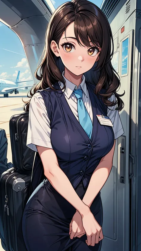 ((masterpiece, best quality:1.3, high detail)), ((1girl)), (((beautiful woman))), (flight attendant), bright brown eyes, (long wavy hair), (dark hair), hairpin, (white collar shirt vest, blue tie), blue pencil (skirt), medium skirt, slim body, (lower body)...