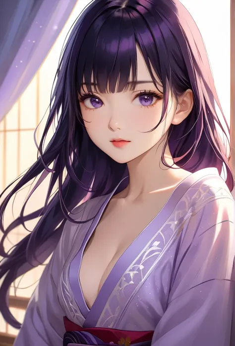  big breasts, long hair,  pretty face, looking at the spectator ,  face while pouting ,kimono,Raiden Shogun, Internal,  warm light