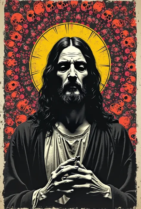 inspired by Andrew Warhola//silkscreen art//Contemporary Art//psychedelic//Jesus Christ's cross// monotone//Black and White//The background is a mandala of skulls