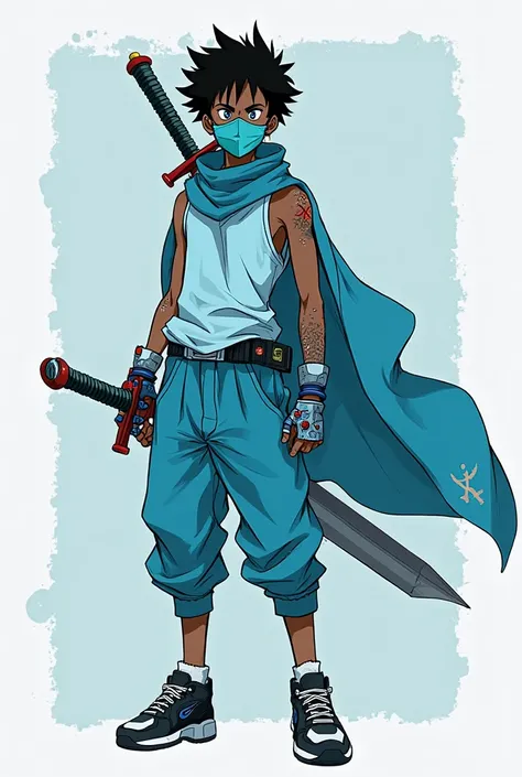 Create Sword he wears a cyan tank top, cyan pants and black sneakers, he wears a blue cover with a black outline, he wears a mask covering his eyes, it's like a bandage that is cyan with a black outline, he has short frizzy hair, black skin, he has very co...