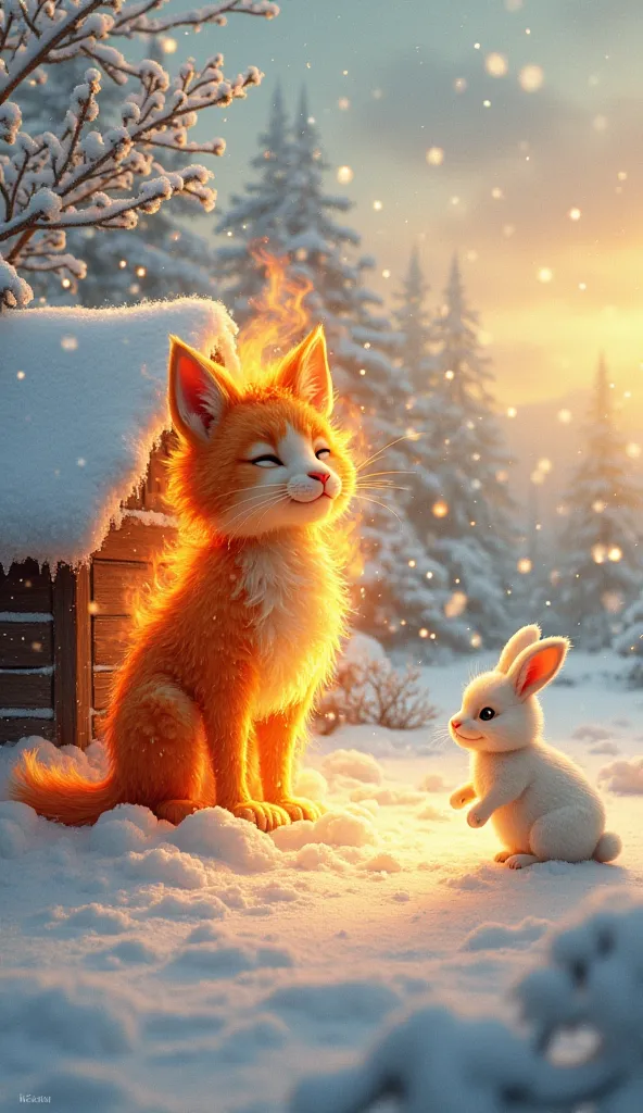 "A heartwarming scene in a snowy landscape where the powerful Fire Cat has saved the small white rabbit from being trapped inside the snow-covered house. The Fire Cat, glowing with warmth and fiery energy, stands proudly, its flames melting the last bits o...