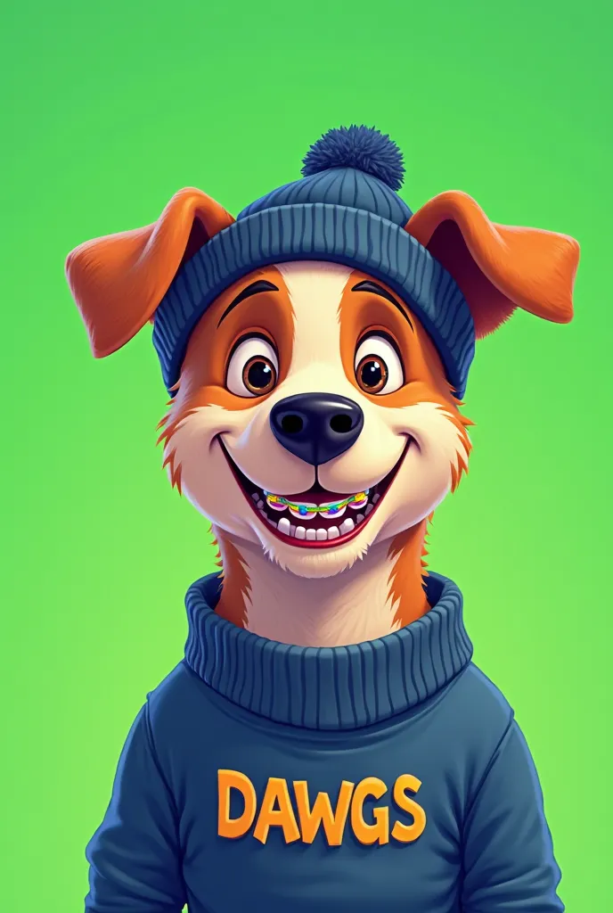 "A cartoon-style digital illustration of an anthropomorphic dog wearing a dark blue beanie and a blue sweater with 'DAWGS' written on it. The dog has a happy expression with colorful braces on its teeth. The background is a vibrant green gradient. The art ...