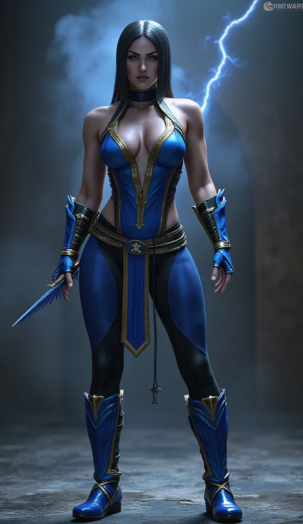 (((Kitana from Mortal Kombat,  ultra realistic))), (((full body))), (((perfect hands))), old background, (((Perfect Weapons))),  She must be dressed in a tight blue bodysuit ,  adorned with gold details that refer to her real origin. Complete o visual com ...